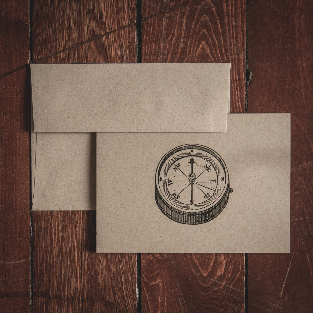 Oak & Ink Compass folded kraft note cards with coordinating envelopes