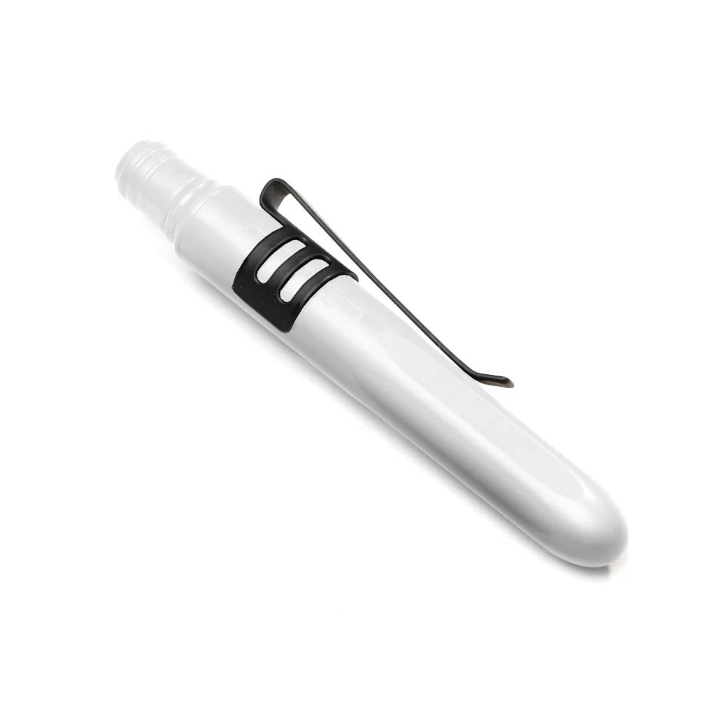 Matte black Pokka Clip attached to a white Pokka Pocket Pen