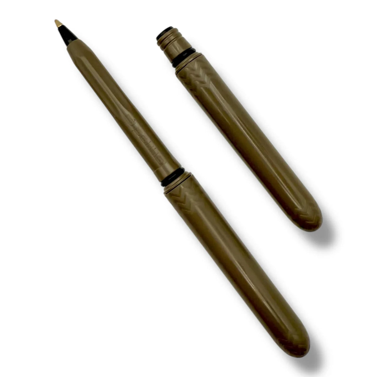 Earth brown Pokka Pocket Pen shown full-length and closed for compact carry